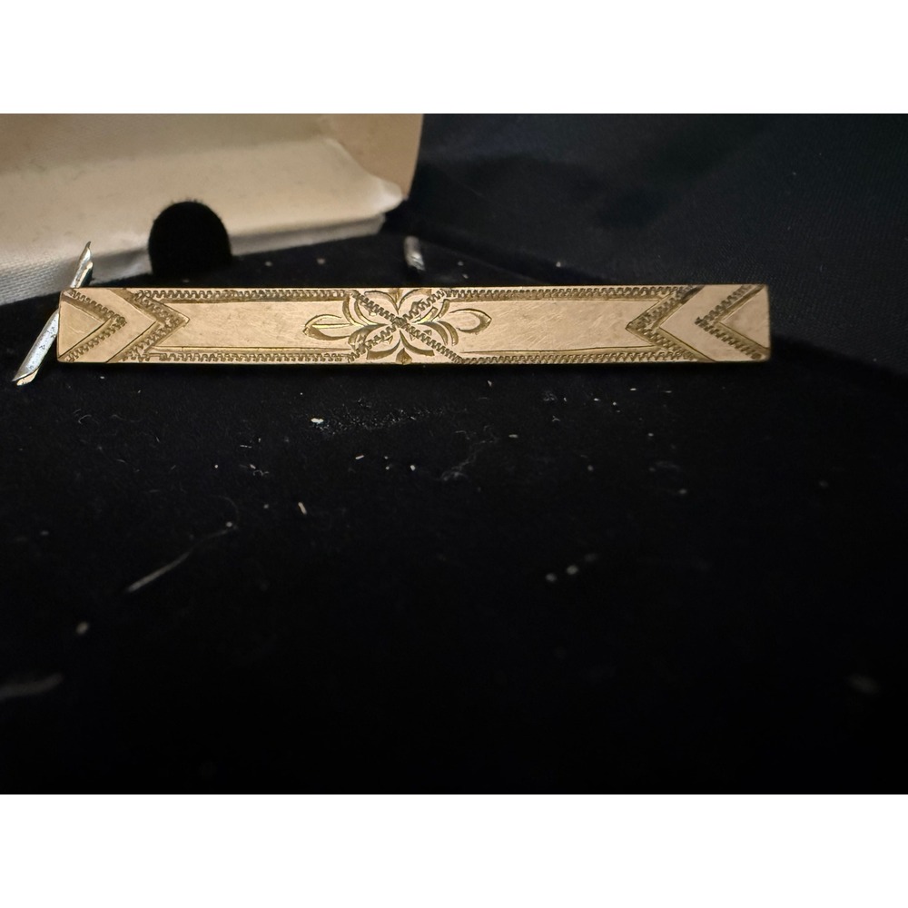 Vintage Gold filled Etched Floral Bar Brooch Geometric C-Clasp Pin 1.5 Inch